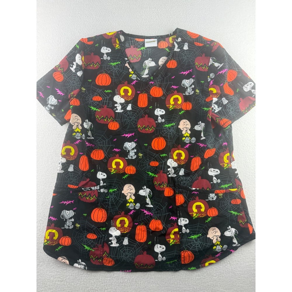 Peanuts Snoopy Halloween Scrub Top Womens Medium Black Pumpkin Charlie Brown